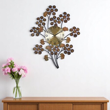 Homeroots 22" Copper Metal And Faux Crystal Silent Analog Gingko Floral Wall Clock 626545
