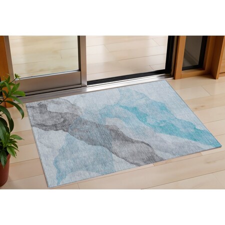 Homeroots 3' X 5' Teal Blue And Gray Abstract Washable Indoor Outdoor Area Rug 631857