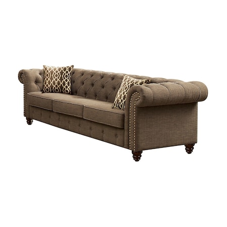Homeroots 90" Brown Linen Chesterfield Sofa And Toss Pillows 490991