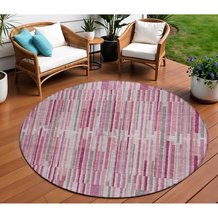 Homeroots 8' Blush And Ivory Round Striped Washable Indoor Outdoor Area Rug 631529