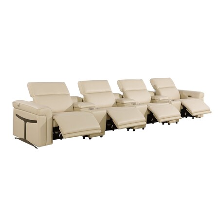 Homeroots 166" Beige Top Grain Leather Reclining Metal USB Sofa 720371