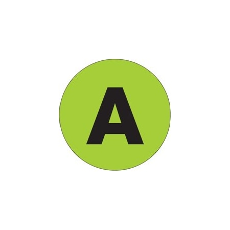 Bubblefast 1'' Circle - ''A'' Fluorescent Green Letter Labels BFDL7000