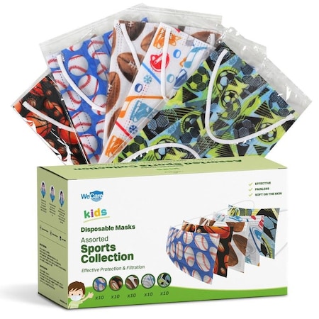 Wecare Kids Disposable Face Mask, 3, Assorted Sport Prints, Kids, 50 PK WMN100080