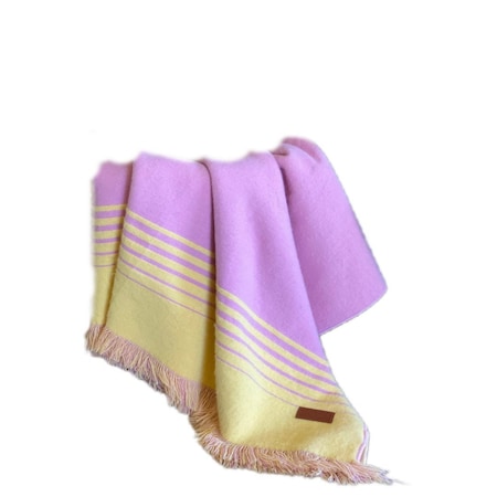 Homeroots Pink and Yellow Woven Acrylic Striped Throw Blanket With Fringe 534359
