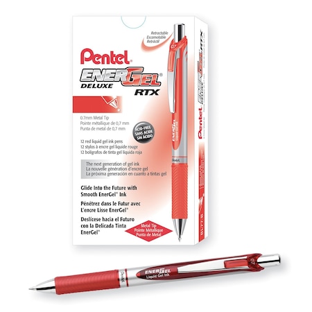 Pentel EnerGel RTX Retractable Liquid Gel Pen, (0.7mm) Metal Tip, Medium Line, Red Ink, 1 Dozen, 12PK BL77-B