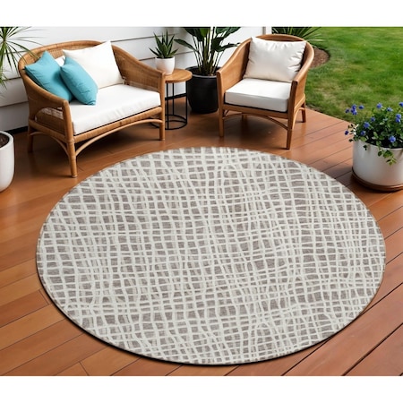 Homeroots 8' Taupe And Beige Round Striped Washable Indoor Outdoor Area Rug 583470