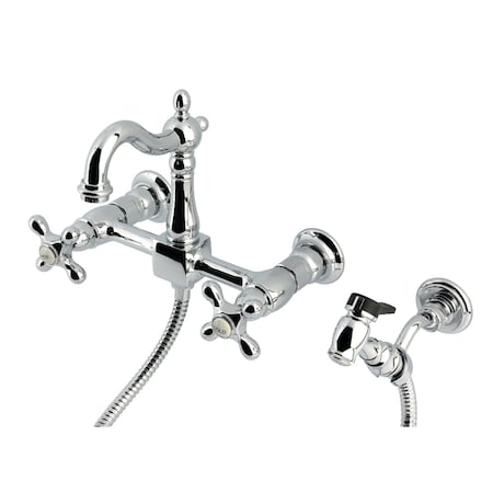 Kingston Brass Two-Handle Wall Mount Bridge Kitchen Faucet with Brass Sprayer, Polished Chrome KS2441AXBS