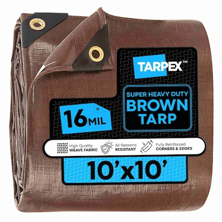 Super Heavy Duty Tarp, 10 ft x 10 ft, 16 Mil, Brown, Polyethylene