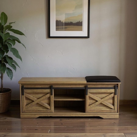 Homeroots 47" Black and Natural Faux Leather And Wood Bench With Shoe Storage And Shelves 644524