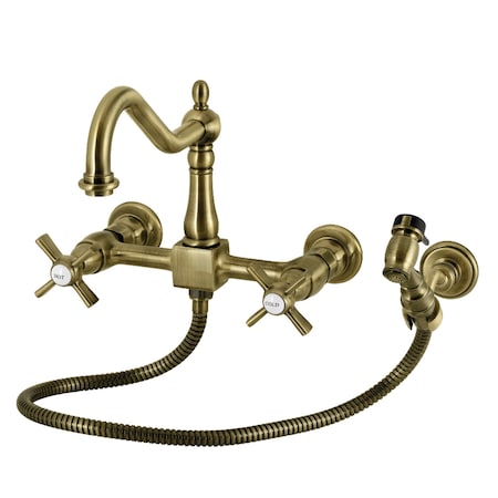 Kingston Brass Two-Handle Wall Mount Bridge Kitchen Faucet with Brass Sprayer, Antique Brass KS1243ZXBS