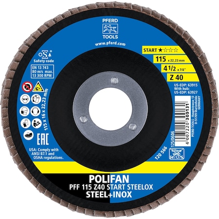 Pferd 4-1/2'' Flap Disc, 7/8'' Arbor, 40 Grit, Z START STEELOX, Type 27, Flat, Zirconia 63915