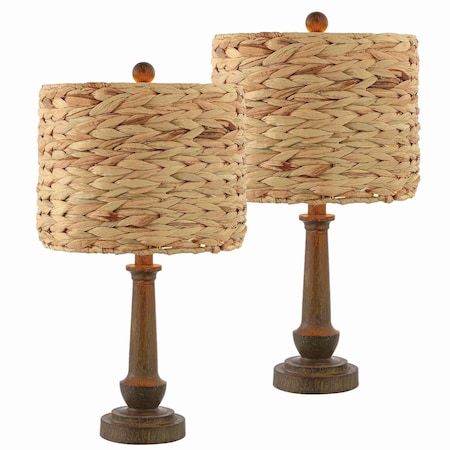 Jonathan Y Leona 21.25" Rustic Farmhouse Handwoven Water Hyacinth/Resin LED Table Lamp, Brown Wood Finish, 2PK JYL4052A-SET2