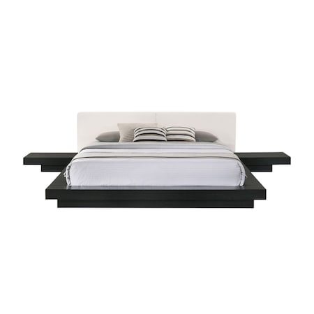 Homeroots Black and White Wood And Faux Leather King Bed Frame With Attached Nightstands 486265