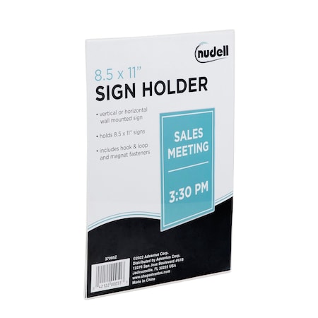 Nudell Sign Holder, Hook & Loop/Magnetic Wall-Mounted, Clear Plastic, 8.5x11 in 37085Z