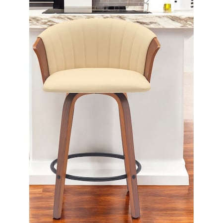 Homeroots 26" Cream and Wood Brown Faux Leather with Solid Wood Swivel Counter Height Bar Chair 534417