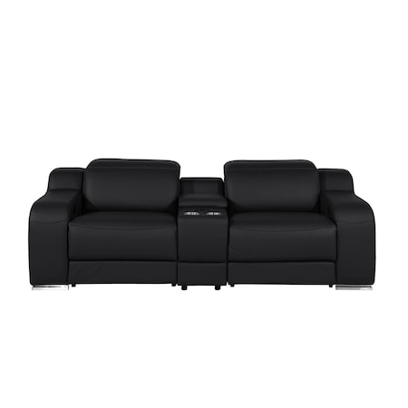 Homeroots 89in Black and Silver Italian Leather Power Reclining Loveseat With Storage 633758