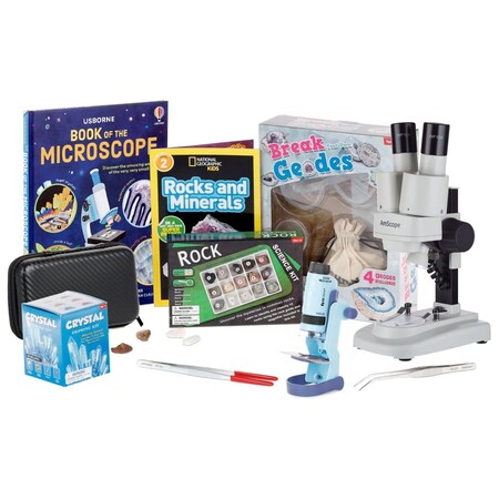 Amscope Kid's Natural Geode Explorer Set featuring 60X-120X Portable LED Handheld Microscope, Ultimate Natur KVB-GEO-612-EXP