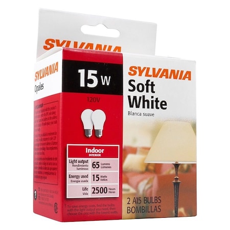 Sylvania Incandescent Bulb, 15 W, A15 Lamp, Medium E26 Lamp Base, 65 Lumens, 2500 K Color Temp, Soft White Light 10015