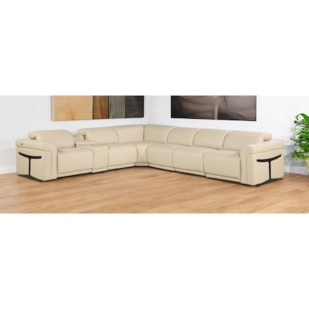 Homeroots Beige Italian Leather Modular L Shaped Seven Piece Corner Sectional With Console 534848