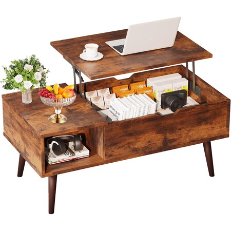 Simple Deluxe Lift Top Coffee Table with Storage Shelf and Hidden Compartment, Modern Wooden Rising Coffee Tables 3A88HKTABELIFTBRN