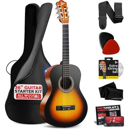 Pyle Beginner Acoustic Guitar Kit, 3/4 Junior Size All Wood Instrument with Full Accessory Kit, Picks PGACLS82SBD