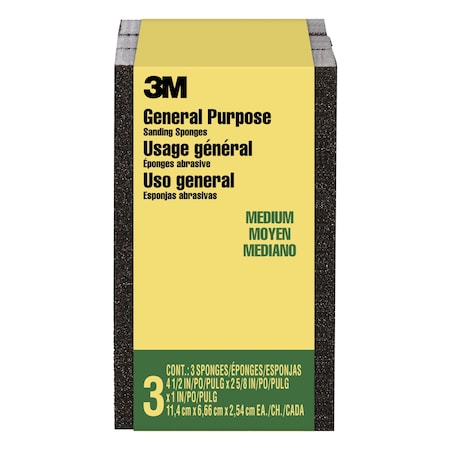 3M General Purpose Sanding Sponge, Block, 2 5/8 in x 4 1/2 in x 1 in, Medium, 6PK CP002-3PK-LG