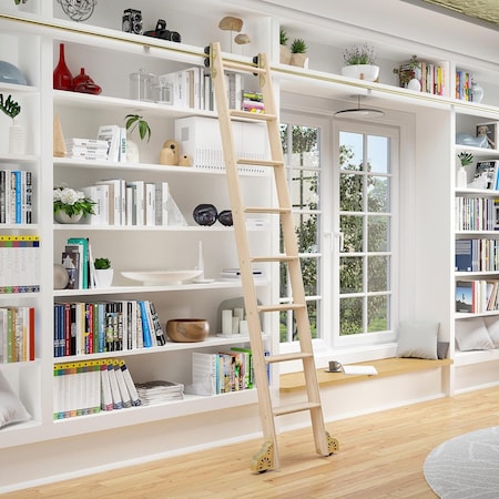 Quiet Glide 8.06 ft. Maple Sunburst Wheel Brushed Satin Brass Rolling Ladder, 12 ft. Rail QG.210-8MA-12-H.06B