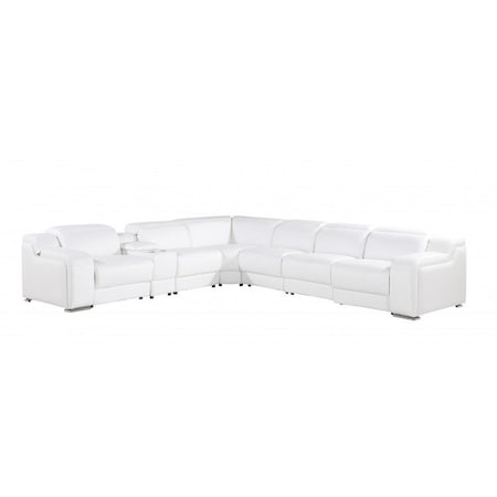 Homeroots White Italian leather 4 power reclining seats L shaped Seven Piece Corner Sectional With Console 544996