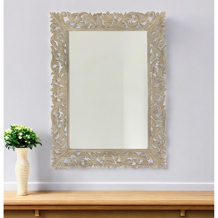 Homeroots 35" Gray Floral Carved Solid Wood Framed Accent Mirror 521568
