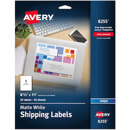 Avery Color Printing Labels, Permanent A, PK20 8255