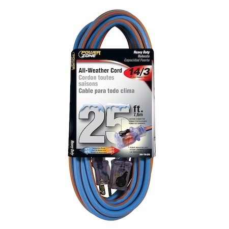 Powerzone Extreme Weather Extension Cord, 14 AWG, Outdoor, 5-15R, 5-15P, 25 ft ORC530725