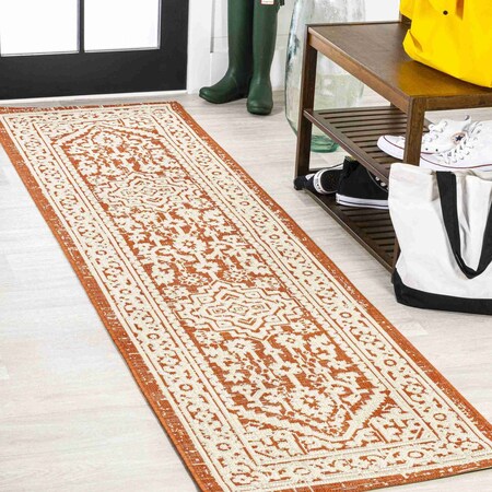 Jonathan Y Sinjuri Medallion Textured Weave Orange/Cream 2 ft. x 10 ft. Indoor/Outdoor Runner Rug SMB101F-210