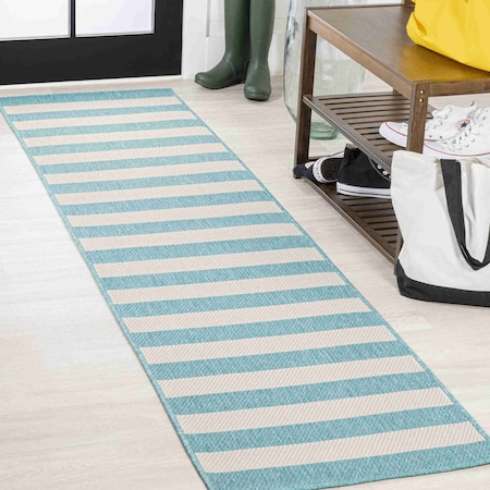 Jonathan Y Negril Two-Tone Wide Stripe Aqua/Cream 2 ft. x 8 ft. Indoor/Outdoor Runner Rug SMB203E-28