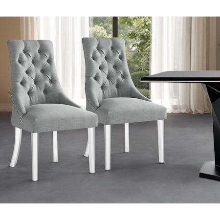 Homeroots Set of Two Tufted Light Gray and Clear Upholstered Linen Dining Side Chairs 543514