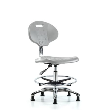 Blue Ridge Ergonomics CL10CleanRoom Chair - Medium Bench Height with Chrome Foot Ring & Stationary Glides in Gray Poly CLR-TPMBCH-CR-A0-CF-RG-GRY