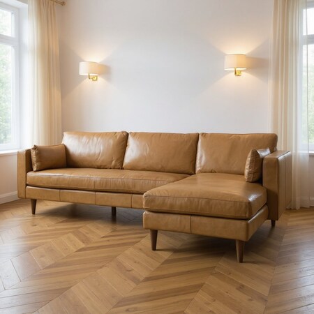 Homeroots Tan Genuine Leather L Shaped Sofa and Chaise Sectional With Toss Pillows 607317