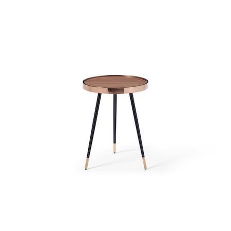 24" Walnut Black And Rose Gold Wood and Stainless Steel Round End Table