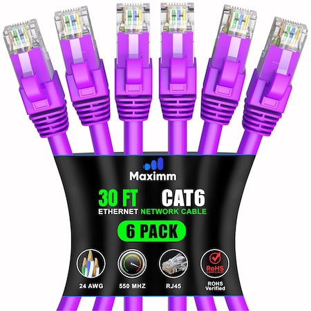 Maximm Cat6 Ethernet Cable 30ft 10Gbps 550MHz UTP, 6PK, Purple, 6PK CAT6-CCA-30FTPURPLE-6PK