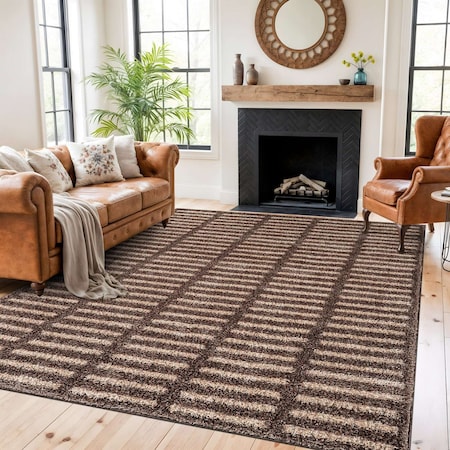 World Rug Gallery Bohemian Stripe Lines Shag Area Rug 7 ft 10 in x 10 ft Beige WR128BEIGE8X10