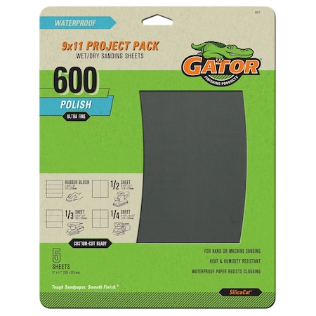 Gator Finishing SilicaCut 9 x 11 in. Project Pack Wet/Dry Sanding Sheets, 600 Grit, Ultra Fine, 5PK 4471