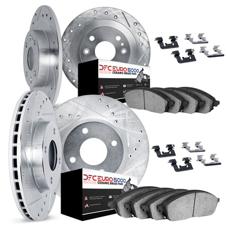 Dynamic Friction Co DFC Rotors-Drilled & Slotted-Silver w/ EURO 5000 Ceramic Brake Pads Incl Hdw 7614-20001