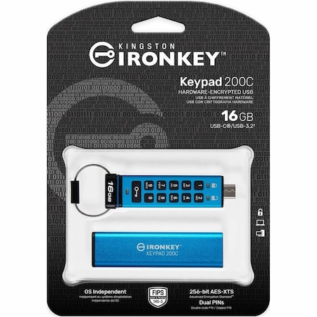 Kingston 16GB USB-C IRONKEY KEYPAD 200C, FIPS 140-3 LVL 3 PENDING AES-256 IKKP200C/16GB
