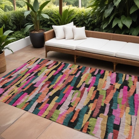 Homeroots 9' X 12' Pink Black And Green Striped Washable Indoor Outdoor Area Rug 603231