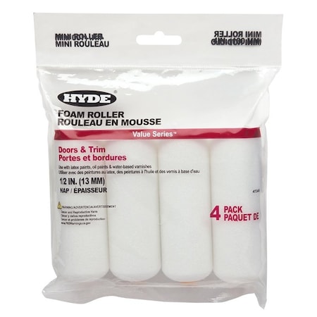 Hyde Value Series Mini Roller, 1/2 in Thick Nap, 4 in L, Foam Cover, 4/PK, 4PK 47349