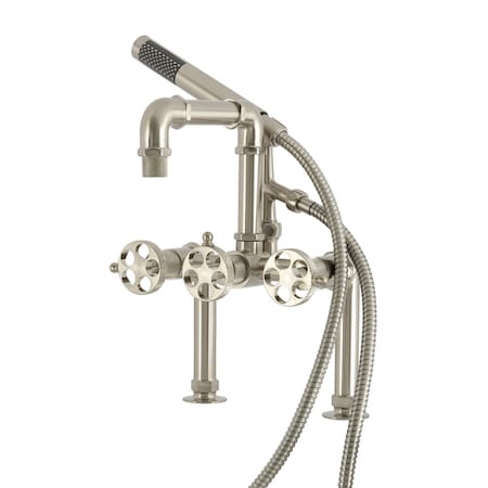 Kingston Brass 7" Center Deck-Mount Clawfoot Tub Faucet with Knurled Handle and Hand Shower, Brushed Nickel AE6408RKX