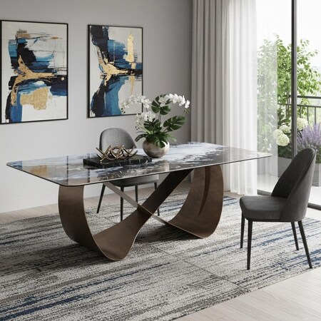 Homeroots 94" Black White and Bronze Ceramic and Steel Cross Leg Base Dining Table 718894