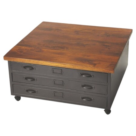 Homeroots 36" Brown and Gray Solid Wood and Metal Square Coffee Table With Three Drawers 389935
