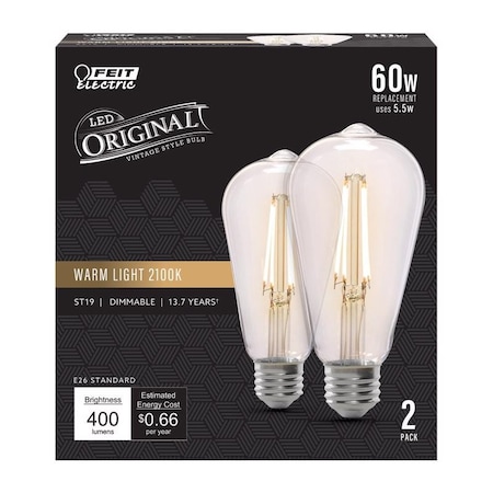 Feit Electric ST19 E26 Medium Filament LED Bulb Warm Candle Light 60 Watt Equivalence, 2PK ST19/CL/VG/LED2