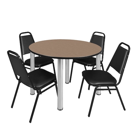 Regency Round Kee Breakroom Table W/ 4 Restaurant Stack Chairs, 48 in W, 48 in L, Noble Oak TB48RNDNOBPCM29BK