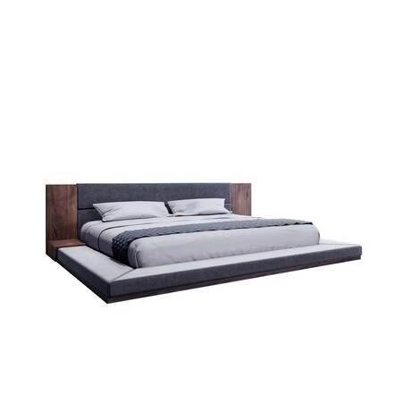 Homeroots Gray and Walnut Wood And Upholstery Queen Bed Frame With Attached Nightstands 486207